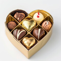 Wall Mural - Chocolates in gift Heart shape golden box isolated on a white background