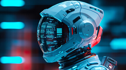 Close-up of an advanced space suit helmet with integrated digital displays and energy shields, showcasing futuristic space exploration technology 