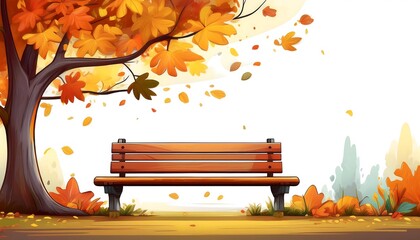 Wall Mural - Autumn Bench Scene - a cozy park bench under a canopy of colorful fall trees. Game design asset. Graphic art illustration poster