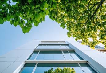 A white, modern apartment building with glass windows and green trees, against a blue sky in the background Generative AI