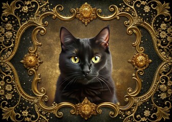 Elegant black cat invitation with gold glitter accents and ornate gothic frames