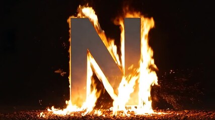 Poster - Burning Letter N With Flames Against a Dark Background Generative AI