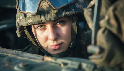 Young woman in military flak jacket and helmet, closeup portrait. Tank or APC vehicle driver as imagined by Generative AI