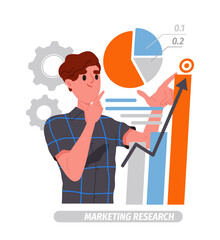 Poster - Marketing research concept. Man analyze graphs and diagrams. Infographics and data visualization. Businessman with financial literacy. Flat vector illustration isolated on white background