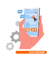 Poster - Marketing research concept. Hand with stats about website. Promotion of content on internet. Businessman tracks user clicks. Flat vector illustration isolated on white background