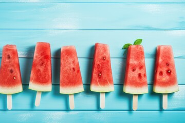 Row of sliced watermelon in wooden stick on old blue texture wooden plank isolated background, refreshing iced frozen fruity for summer season concept