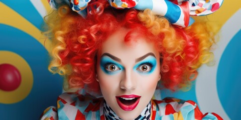 portrait of a female clown in a multi-colored wig on a gray background