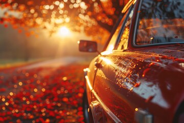 Canvas Print - Autumn Car Drive with Golden Sunlight