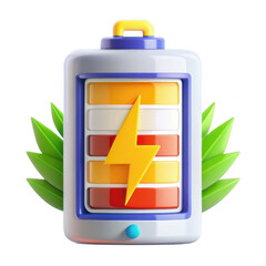 Poster - Colorful battery icon with vibrant energy symbol featuring green leaves