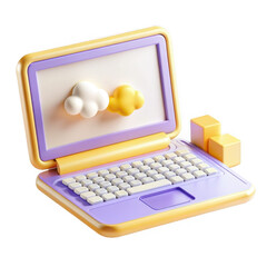 Poster - Colorful laptop model with playful clouds and blocks in a 3D render showcasing a creative design and vibrant colors