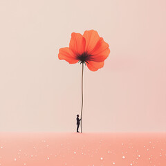 Wall Mural - 
A cute minimalist illustration features a tiny human and a red flower against a plain pastel pink background, with delicate raindrops adding a gentle touch.