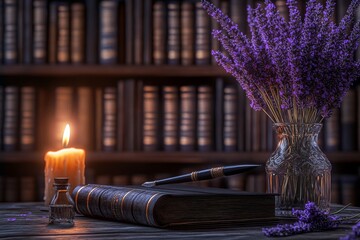 The background of a wizard table includes a spell book, magic potions, and other witchcraft items.