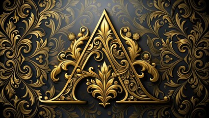 Gold foil-stamped serif letter 'A' logo on a black background, adorned with ornate swirls and fleur-de-lis patterns, exuding opulence and sophistication.