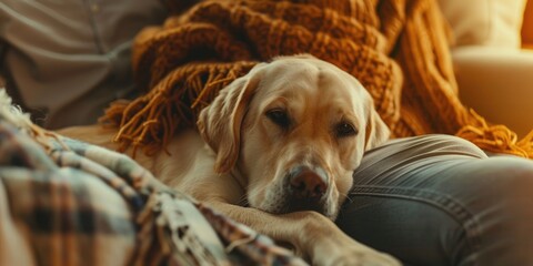 Adorable Labrador dog and owner relaxing together on the couch Relationship Family Pets