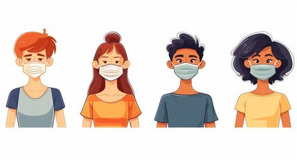 Isolated white background with smiling people taking off their masks. Coronavirus outbreak is over. The quarantine is over. Modern illustration in flat cartoon style.