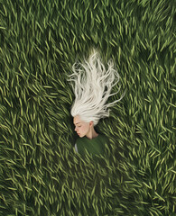 Wall Mural - Woman with white hair is lying in the grass, relaxed and serene.Copy space,flat lay 