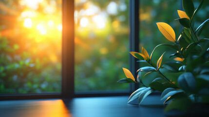 Bright morning sunlight filtering through a window, illuminating green indoor plant leaves. Tranquil natural light, serene indoor setting, peaceful home decor, nature-inspired interior