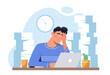 © Rudzhan - Overload at work. Tired young guy sitting with laptop near documents. Lot of paperwork for clerk. Emotional burnout. Ineffective work process organization. Flat vector illustration