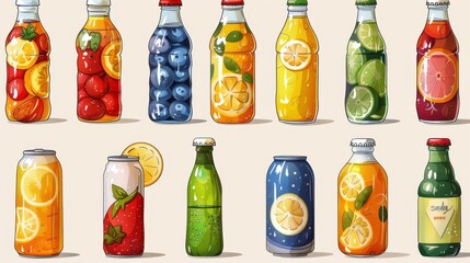 A set of cold drinks with soda water, sweet fizzy beverages, fruit cocktails, juices, lemonades in plastic and glass bottles, and aluminum cans and tins. Modern illustrations isolated on a white