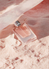 Wall Mural - A perfume bottle is lying on top of clear tape in the middle of dusty pink sand.Minimal creative advertise concept.Trendy social mockup or wallpaper with copy space.Flat lay.