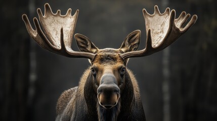 Canvas Print - A close up of a moose with large antlers standing in the woods, AI