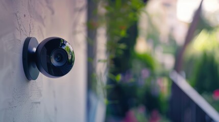 Security camera monitoring a green residential backyard