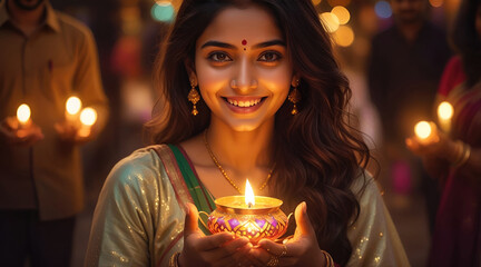 Wall Mural - Portrait of a hindi woman holding Diwali oil lamp in traditional indian saree celebrating diwali, festival of lights