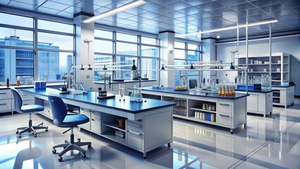 modern laboratory setup with various high-tech equipment, beakers, and test tubes on workbenches, am