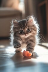 Adorable Fluffy Kitten Playing with Toy in Sunlit Room