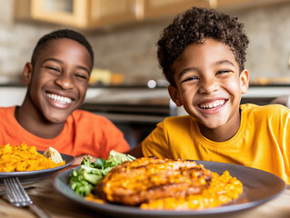 Two joyful boys share a delightful meal at home, showcasing smiles and delicious food for a heartwarming family moment.