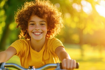 A joyful child riding a bicycle in a sunlit park, showcasing happiness and adventure in a vibrant, outdoor setting.