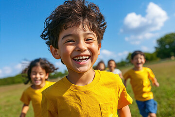 Wall Mural - A joyful child running freely in a sunny field, surrounded by friends, capturing the essence of happiness and childhood.