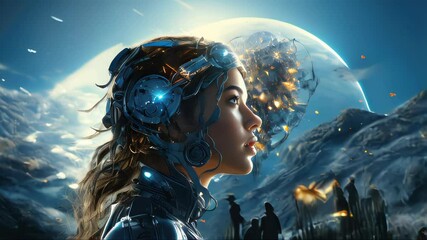 Poster - close up view of futuristic female robot looking at camera in neon light