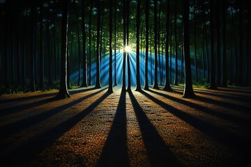 Poster - Hunting Forest at dawn, illustrated with the first light of day casting long shadows through the trees, creating a mix of light and dark in the quiet woods