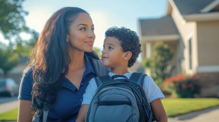 Wall Mural - A woman and a child standing outside in front of house, AI