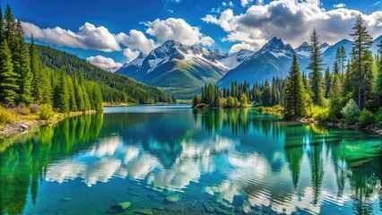 Wall Mural - Serene turquoise lake surrounded by lush greenery and majestic snow-capped mountains, reflecting the majestic beauty of the untouched wilderness under a vibrant blue sky.