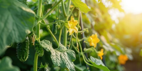 Wall Mural - Cucumber plants climbing along trellis in garden Close up of cucumber flower on trellis