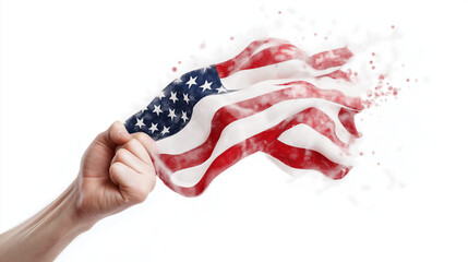 Hand grasping dissolving American flag, patriotic symbol transforming into particles, concept of changing national identity or fading democracy