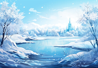 Cold winter landscape illustration with lots of snow