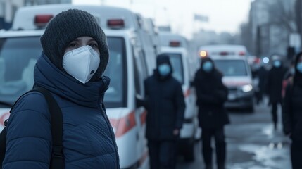 Fototapete - Medical personnel in protective masks gather around ambulances outside overcrowded hospitals, highlighting the urgent need for care. Generative AI