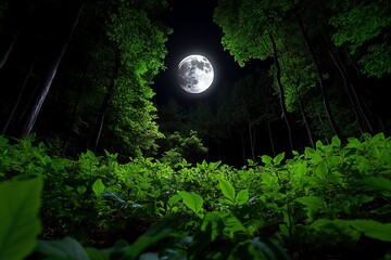 Poster - Hunting Forest under a full moon, captured in a photo where the silver light creates eerie shadows and highlights the contours of the landscape