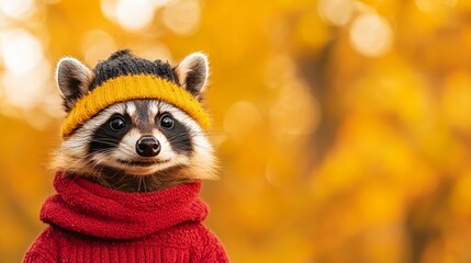 a cute raccoon dressed in a colorful sweater and hat poses against a backdrop of vibrant autumn foli