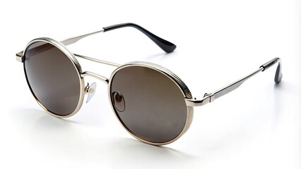 stylish circular sunglasses with a sleek metal frame featuring a subtle, embossed logo at the temple