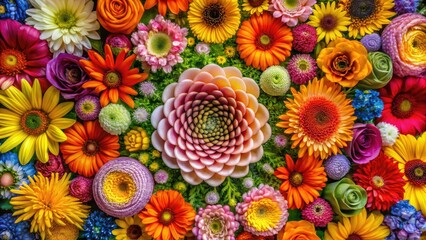 Vibrant blooming flowers arranged in a harmonious, swirling pattern create a stunning visual feast, blending nature and art in a beautiful, intricate design composition.