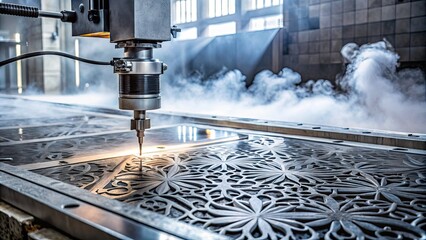 High-pressure waterjet cutting machine precision-cuts intricate designs into a slab of dark grey granite, revealing a glossy, detailed pattern amidst a misty, industrial backdrop.