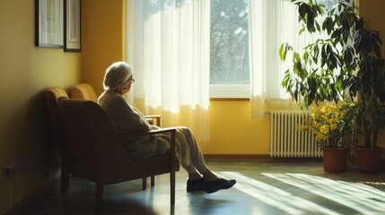 Aufkleber - An elderly individual sits pensively in a bright, empty nursing home room, surrounded by soft sunlight and sparse furnishings. Generative AI
