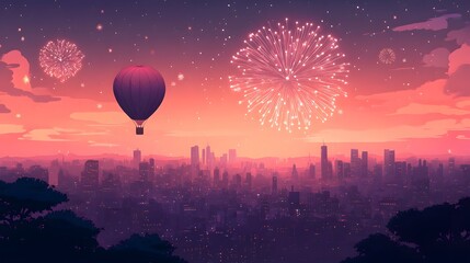 Hot air balloon floating above a city skyline with fireworks at dusk