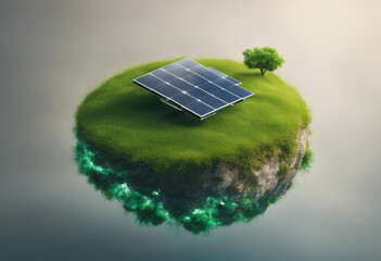 Floated green grass island with solar panel in the air isolate on transparency background