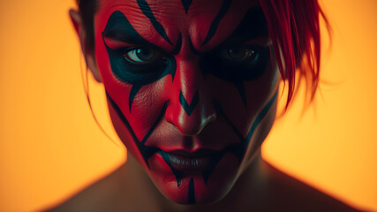 Wall Mural - Close up of man with evil red devil Halloween makeup. Generative AI