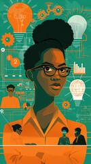 Wall Mural - A focused young woman with glasses engages in data analysis within a colorful digital environment, collaborating with colleagues on ideas